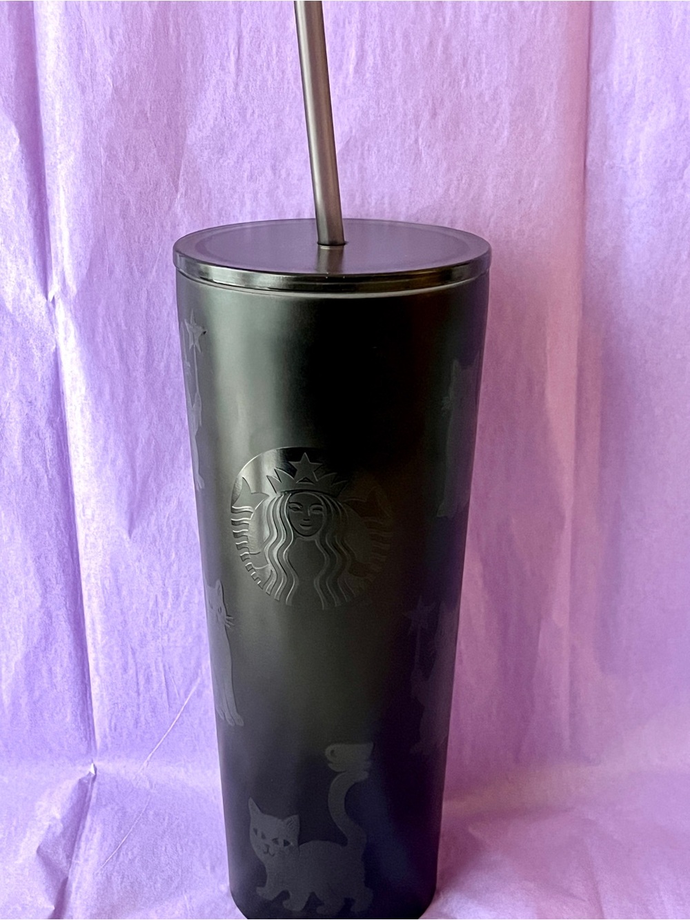 Starbucks Halloween Cats Cold Tumbler 20 oz Glow in the Dark Matte Black